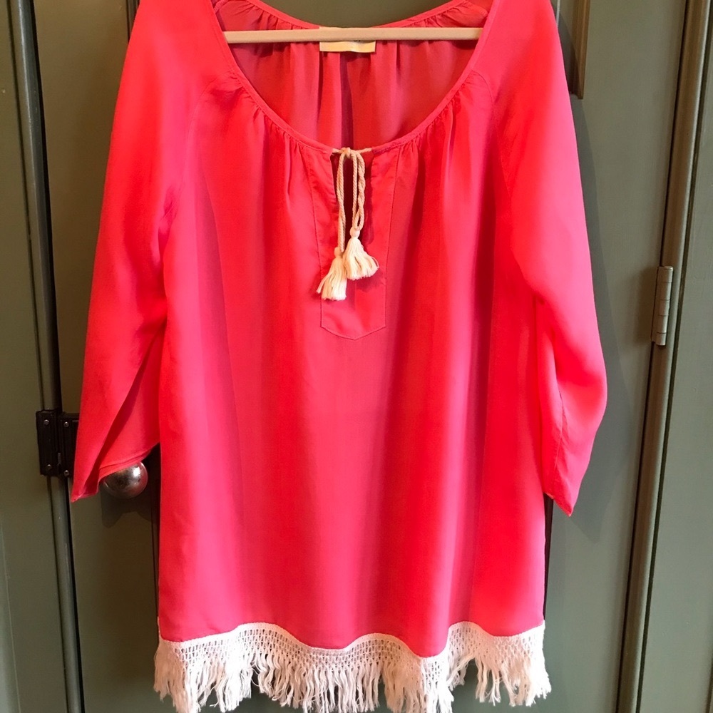 WOO Cotton Coral Fringe Kaftan Peasant Tunic Top or Beach Cover Up Sz L
